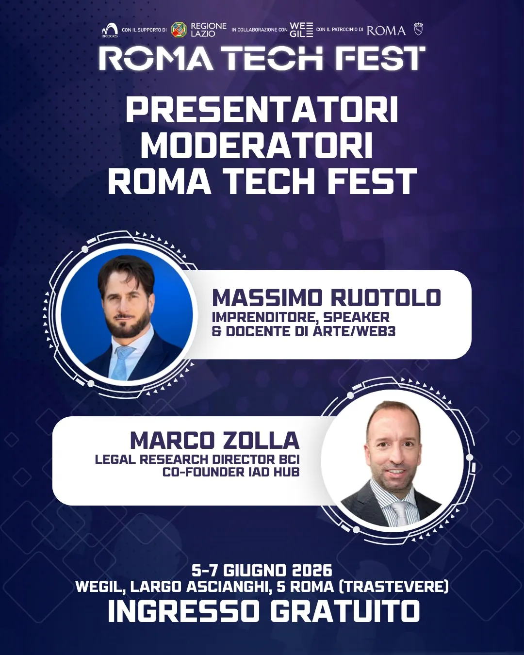 Presentatori Roma Tech Fest 2026 con ritratti