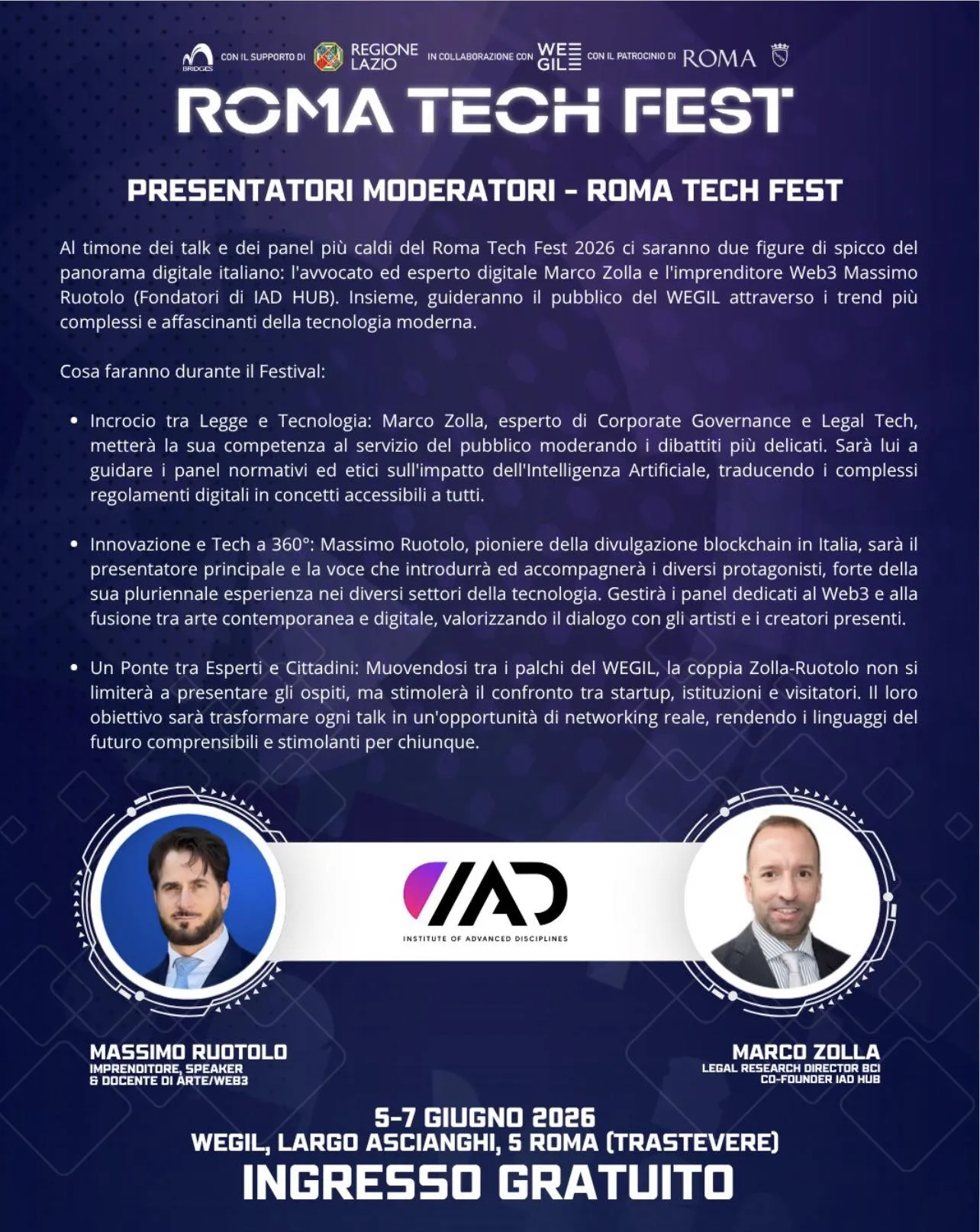 Locandina Roma Tech Fest 2026 con moderatori